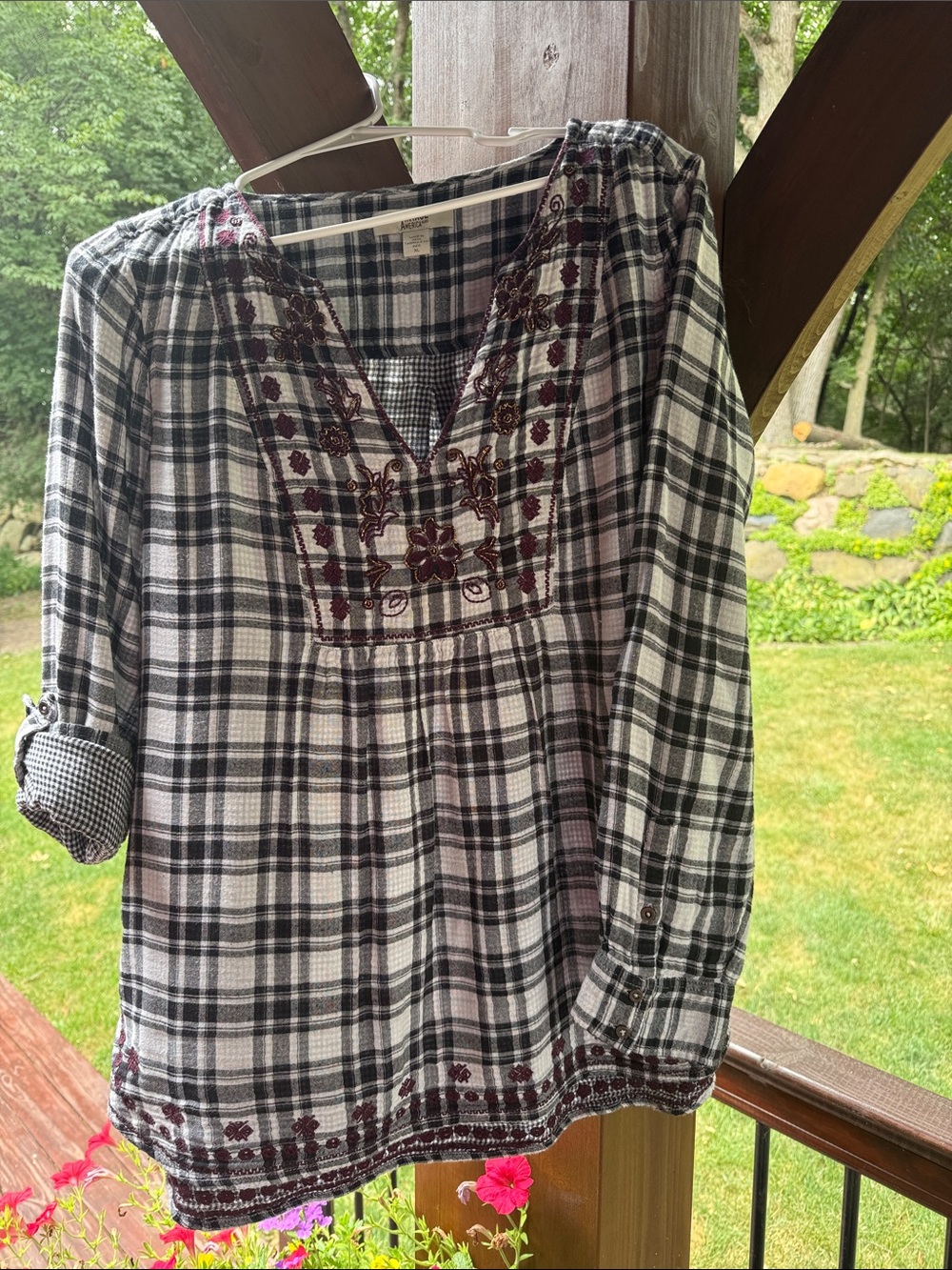 Vintage America Black, White & Burgundy Plaid Embroidered Tunic